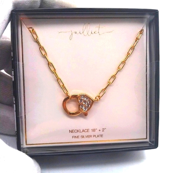 Juilliet Silver Plated CZ Cubic Zirconia Heart Paperclip Necklace Boxed - Picture 2 of 3